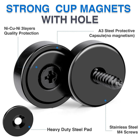 Two MIKEDE black neodymium cup magnets with mounting holes and screws, 0.98x0.22 in
