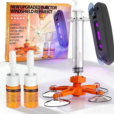DIY Windshield Chip Repair Kit With Suction Cup And UV Curing Light, 2 Pack shown with orange tool and bottles