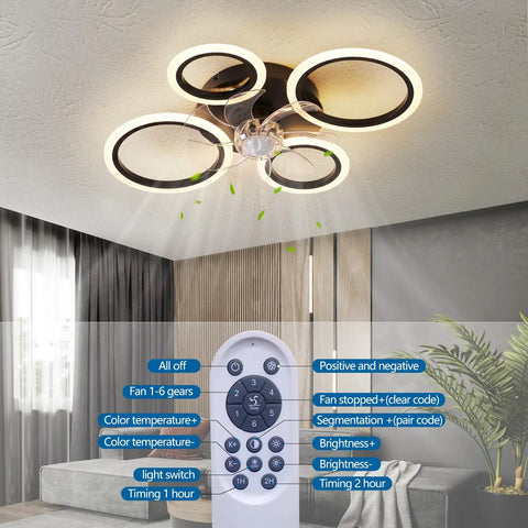 26 Inch Geometric Ceiling Fan With Lights Remote Control Bladeless Low Profile Design For Kitchen And Bedroom, remote shown