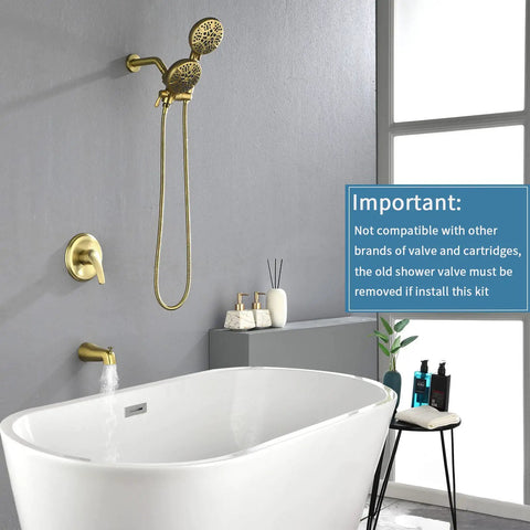 Brushed Gold All-In-One Dual Shower Faucet Set With Tub Spout And Trim Kit, Handheld And Fixed Shower Heads, 7 Modes Each For 49 Total Combos