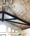 Ceiling showcasing Real Deal Aged Brown Wood Stain with weathered patina, beams and vintage rustic coverage.
