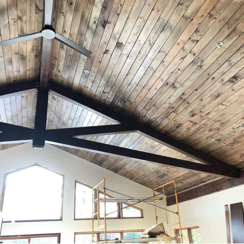 Ceiling showcasing Real Deal Aged Brown Wood Stain with weathered patina, beams and vintage rustic coverage.