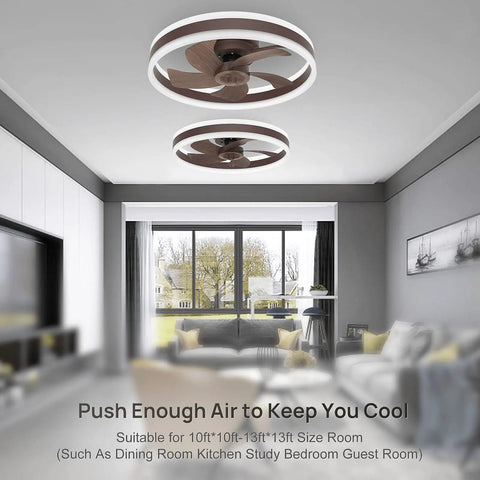 Compact 16 Inch Ceiling Fan With Lights And Remote App Control in modern living room with brown wood design