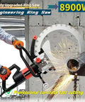 Heavy Duty Brushless Concrete Ring Saw Featuring Upgraded Toroidal Blade Design cutting through metal with sparks flying.
