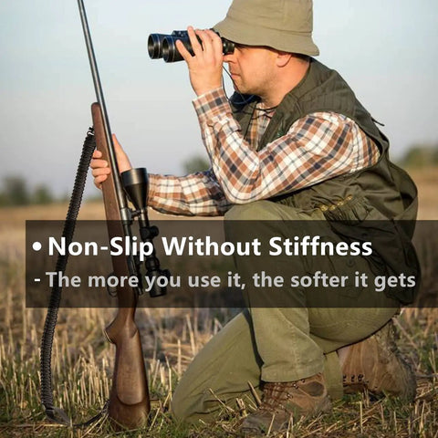 Hunter using binoculars with rifle equipped with Two Point Paracord Rifle Sling With Swivels, Non Slip Gun Strap For Hunting.