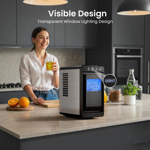 Portable Countertop Ice Maker Keeps Things Icy Fast With 26 Pounds Daily Bullet Ice And Hassle Free Self Cleaning on kitchen counter.