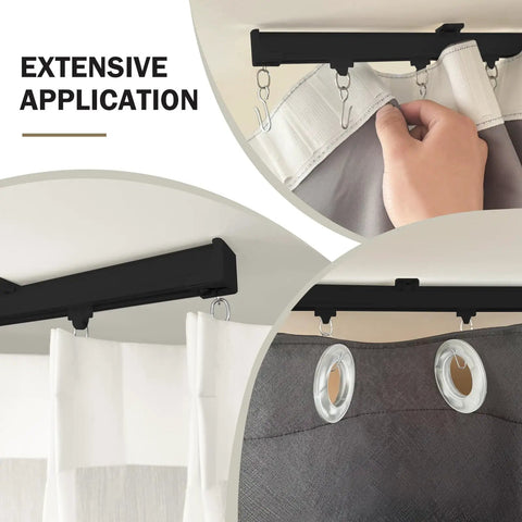 Heavy Duty Ceiling Curtain Track System With Wall Mount And Hooks Durable Aluminum Track Rods For Curtains Or Room Dividers Quiet Smooth Pulleys Waterproof And Rust Resistant Black Finish Fits 3 To 18 Feet installed with curtains