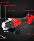 Cordless Angle Grinder Compatible With M18 18V Battery showing labeled parts, metal head, handle, and switch features