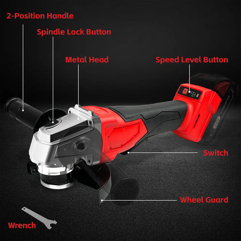 Cordless Angle Grinder Compatible With M18 18V Battery showing labeled parts, metal head, handle, and switch features