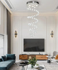 Crystal Spiral Raindrop Chandelier With K9 Crystal, Flush Mount LED Ceiling Light Fixture above a modern living room setting