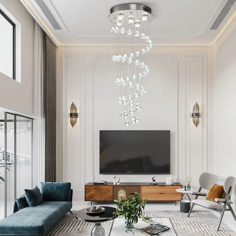 Crystal Spiral Raindrop Chandelier With K9 Crystal, Flush Mount LED Ceiling Light Fixture above a modern living room setting
