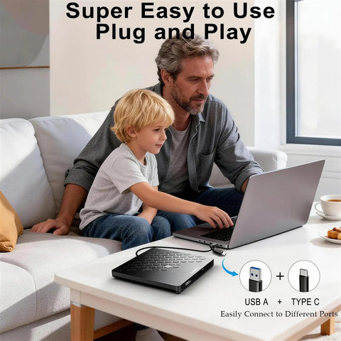 Ultra Slim External CD DVD Drive USB 3.0 Type-C No Fuss Plug And Play Optical Burner For Laptops Desktops And PCs Read Write Burn CD DVD On Windows Mac Linux Compact Black on table with laptop