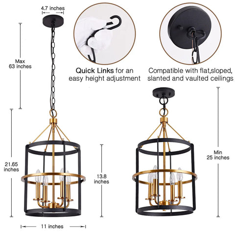 Modern 4 Light Lantern Pendant Chandelier In Matte Black And Brass Finish For Dining Room, Kitchen, Foyer And Entryway Lighting dimensions