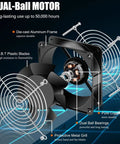 Axial 120mm Cooling Fan 12038, 110V AC, dual ball bearings, aluminum frame, P.B.T blades, featuring grill, screws, power plug.