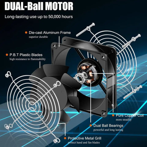 Axial 120mm Cooling Fan 12038, 110V AC, dual ball bearings, aluminum frame, P.B.T blades, featuring grill, screws, power plug.