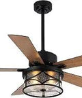 Rustic 52 Inch Ceiling Fan With Lights 5 Wood Blades And Dope Glass Cage Light Kit Remote Control 3 Speeds Quiet AC Motor