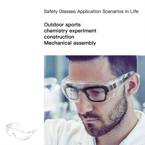 Man wearing 4 Pack Anti Fog Clear Lens Safety Glasses That Fit Over Eyeglasses With Wraparound Side Shields For Nurses Med Pros and Everyday Shooters Durable Protective Eyewear For Work Or Play