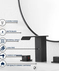 Matte Black Waterfall Bathroom Faucet, Widespread 3 Hole 2 Handle Modern Sink Faucet With Pop Up Drain, shown with features.