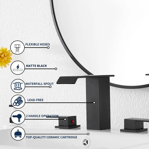 Matte Black Waterfall Bathroom Faucet, Widespread 3 Hole 2 Handle Modern Sink Faucet With Pop Up Drain, shown with features.