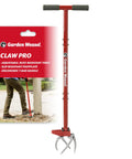 Claw Pro Garden Tiller And Cultivator Tool With Twist Action Soil Loosener displayed with packaging, ergonomic handle, and tines.