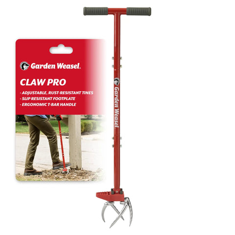 Claw Pro Garden Tiller And Cultivator Tool With Twist Action Soil Loosener displayed with packaging, ergonomic handle, and tines.