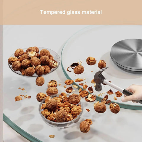 Round Tempered Glass Spin Turntable For Dining Tables With Durable Aluminum Bearing Perfect For Shareable Appetizers Dishes Cakes And Party Spreads At Home Or Restaurant For The Fam shown with nuts and hammer