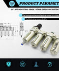 Heavy Duty Four Stage Compressed Air Dryer With Lightning Auto Drain Straight Up Built Tough Water Oil Mist Knockout Real Deal Gas Filtration System illustration showing 3 stage gas drying filter with dimensions.