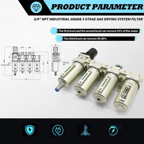 Heavy Duty Four Stage Compressed Air Dryer With Lightning Auto Drain Straight Up Built Tough Water Oil Mist Knockout Real Deal Gas Filtration System illustration showing 3 stage gas drying filter with dimensions.