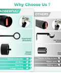 Comparison chart showing Beefy 120 To 240 Inch Curtain Rod Matte Black with metal finials versus competitors' plastic parts.