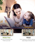 Mother and daughter reading under LED lamp comparing flicker-free and flickering light effects