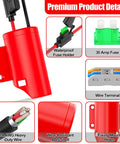 Battery Adapter For Milwaukee 12V Batteries With 14 Gauge Wire Terminals And Fuse Protection shown with red case and components
