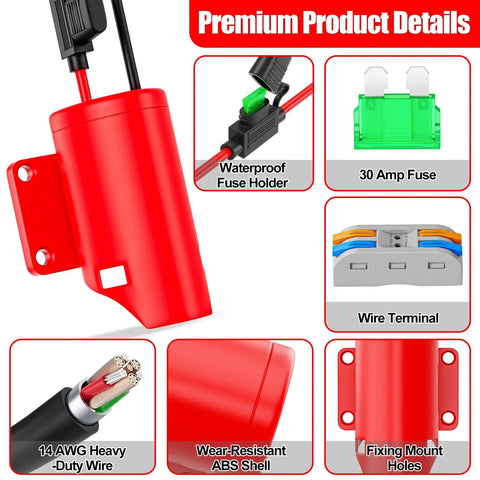 Battery Adapter For Milwaukee 12V Batteries With 14 Gauge Wire Terminals And Fuse Protection shown with red case and components