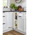 24 Inch Dual Tier Lazy Susan For Corner Kitchen Cabinets with jars in a white cabinet corner, showcasing a clean, organized space.
