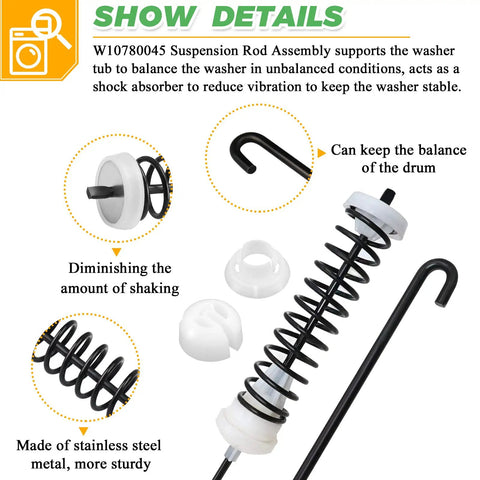 Heavy Duty Washer Suspension Rods Kit Four Pack Replace W10780045 W10537442 for Whirlpool shows rod assembly with stainless steel components.