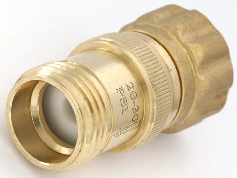 Brass 3/4-inch hose-thread water pressure regulator, close-up view
