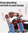 Shock absorber of red Adult Tricycle With Back Cabin Cargo Trike For Seniors And Outdoor Fun, featuring front fork design