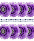 Purple Flashing 70mm Inline Skate Wheels Set for Kids and Beginners, 8 Pack LED Light Up Wheels with bushings displayed