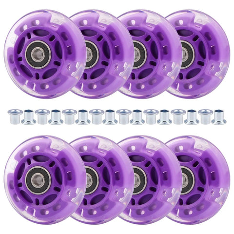 Purple Flashing 70mm Inline Skate Wheels Set for Kids and Beginners, 8 Pack LED Light Up Wheels with bushings displayed