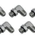 Five 1/2 in JIC 37-degree to SAE/ORB elbow hydraulic adapters, steel, silver finish