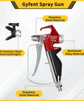 Heavy Duty 3600 Psi Airless Primer Paint Spray Gun With Five Reversible Tips And Two Brass Guards For Knockout Smooth Coverage And Badass Pro Results Compatible With Titan High Pressure Sets, showing red and stainless steel design.