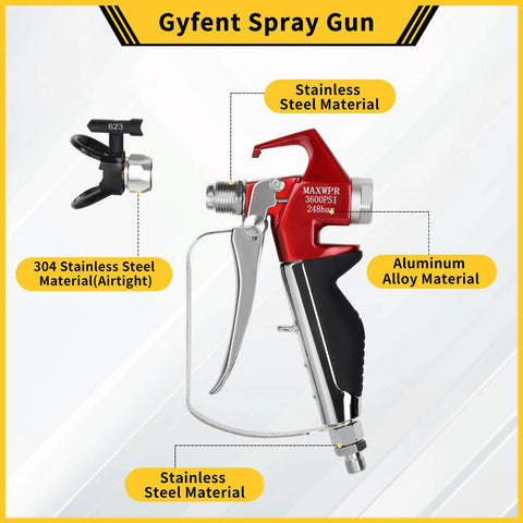 Heavy Duty 3600 Psi Airless Primer Paint Spray Gun With Five Reversible Tips And Two Brass Guards For Knockout Smooth Coverage And Badass Pro Results Compatible With Titan High Pressure Sets, showing red and stainless steel design.
