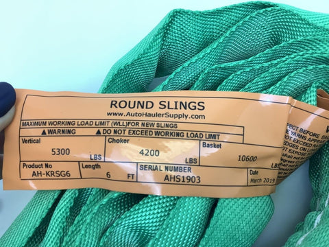 Green Poly 6 Foot Endless Round Sling Workhorse With 5300 Lbs Vertical WLL And 10600 Lbs Basket WLL Heavy Duty Lifting Sling For Industrial Rigging Easy To Read Tags Safe Lifting Slings For Hoisting tag close-up