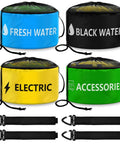 Waterproof RV Hose Storage Bags Set Of 4, color-coded for fresh water, black water, electric cords, and accessories, with straps.