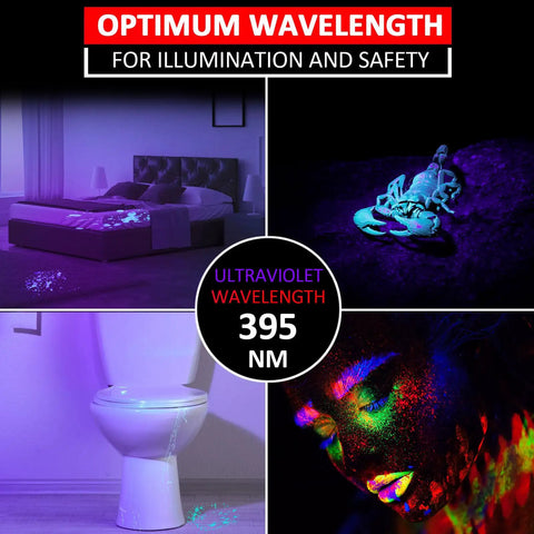 Collage showcases Ten Pack UV Black Light Flashlights 395nm Mini Pen Light With Clip LED Handheld for detecting stains and more.