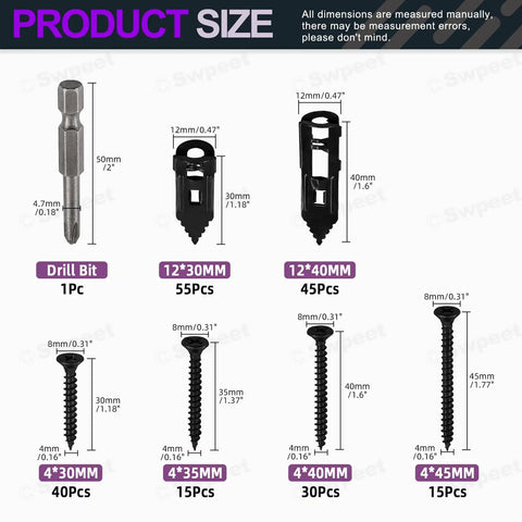 DIY 201-Piece Drywall Self-Drilling Anchors And Screws Kit With Drill Bit, Zinc Plated Black, showing various sizes and pieces.