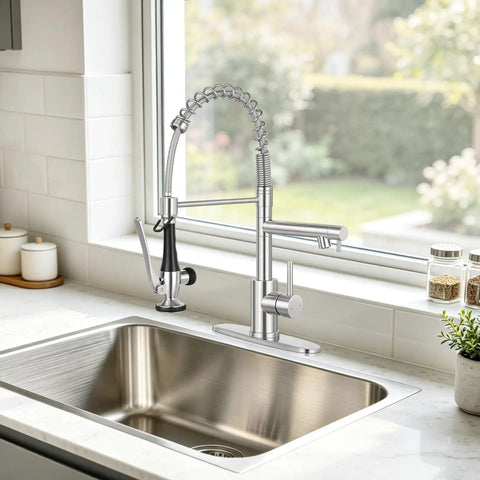 BDJM Kitchen Faucets with Pull Down Sprayer,NEW1 in brushed nickel finish beside a stainless steel sink.