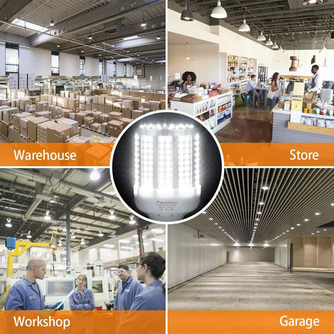 2 Pack 40W LED Corn Light Bulbs 4000 Lumens 6500K Cool White Daylight E26 E27 Base Indoor Outdoor Use Energy Saving High Brightness LED Corn Lamps For Warehouse Garage Basement Backyard Factory Barn And More in different settings.