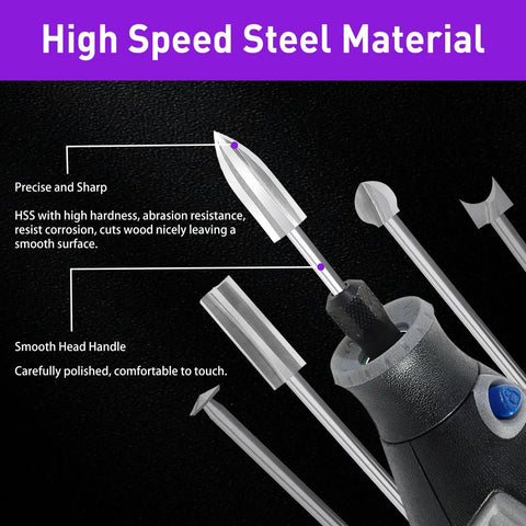 Wood Carving Bits Set For Rotary Tools With 1/8 Inch Shank Five Piece Assortment featuring high-speed steel material display