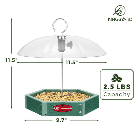 Large Platform Bird Feeder For Outdoor Hanging With Adjustable Dome Squirrel Proof Design No Fuss Easy Setup And Metal Mesh Tray Made From Recycled Plastic Ideal Wild Bird Seed Feeding Station Weatherproof And Durable Green