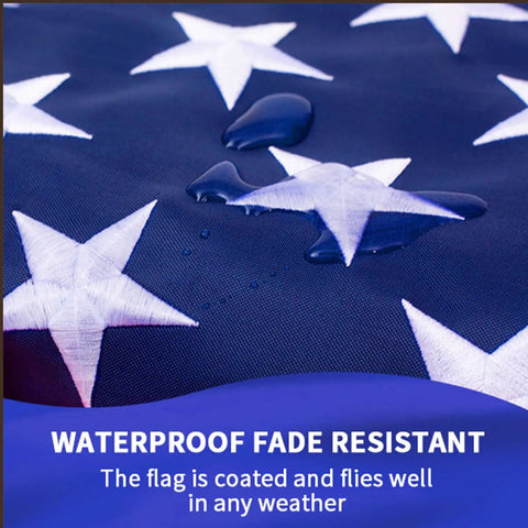 Heavy Duty 3x5 Outdoor American Flag For High Wind Waterproof Embroidered Stars closeup with water droplets